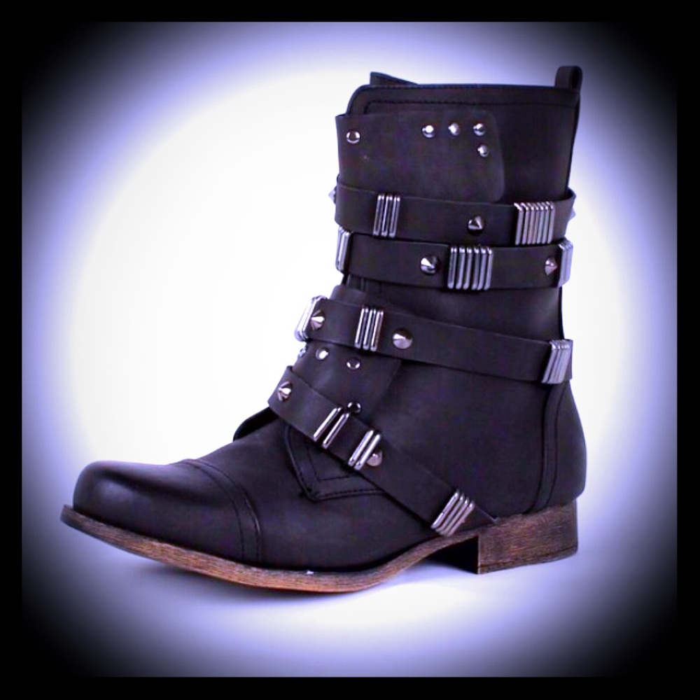 Black Combat Boots Studded Strappy Ankle Booties